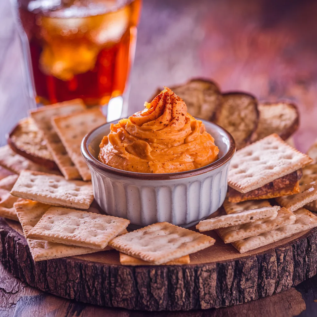 a-high-resolution-image-of-a-serving-of-_DMuS50cDSiKpwwMVceFoXg_urxcxdtmTZuxEDzZ4yAtLQ Pimento cheese in a vintage bowl, garnished with paprika, surrounded by crackers and baguette slices, with iced tea in the background