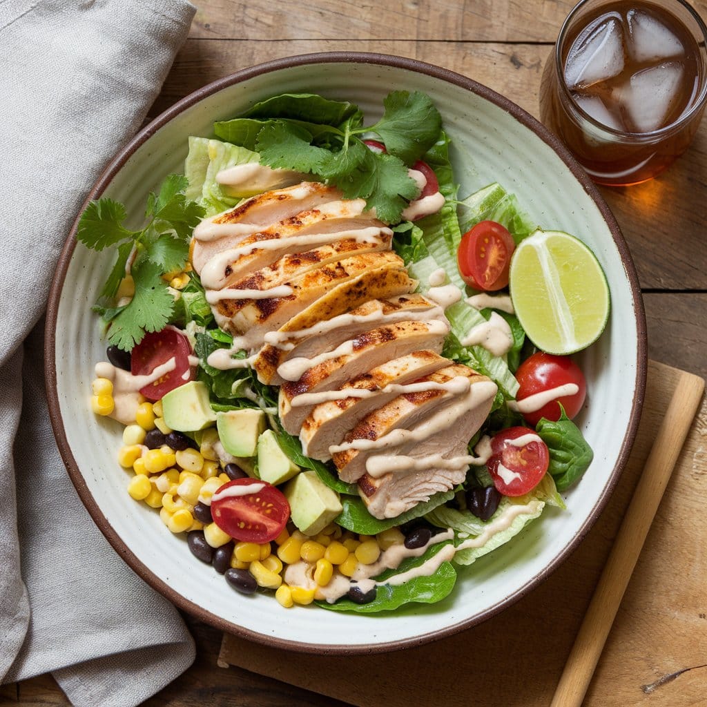 Top-down view of Southwest Chicken Salad ingredients: grilled chicken strips, lettuce, tomatoes, avocado, black beans, corn, red onions, cheese, tortilla strips, lime, cilantro, and chipotle ranch dressing