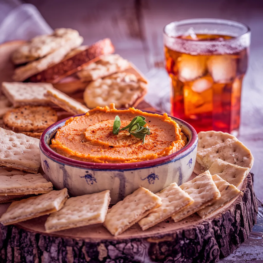Pimento cheese in a vintage bowl, garnished with paprika, surrounded by crackers and baguette slices, with iced tea in the background.
