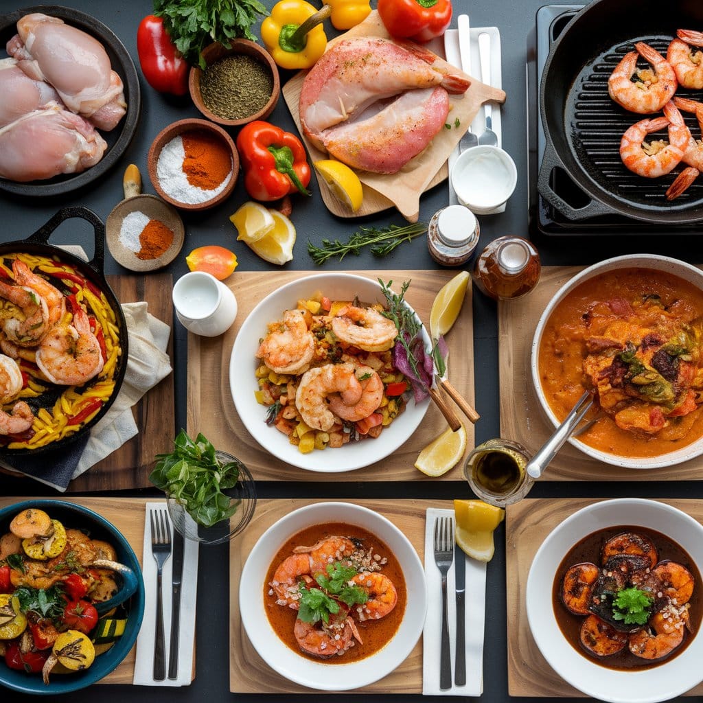 Fresh chicken, shrimp, vibrant vegetables, and aromatic spices prepared in a variety of dishes like paella, curry, jambalaya, and skewers, all beautifully plated and garnished under warm lighting.