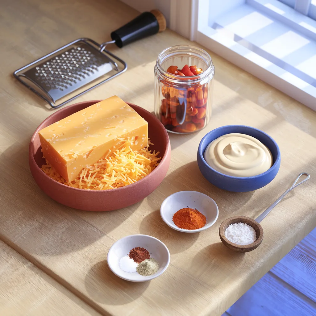 a-photorealistic-layout-of-the-ingredien_Hdj2rtcQRk2287TsP9WSZw_rzmEsvLYT5aUDtYlK6uNxw Overhead view of grated cheddar, diced pimentos, mayonnaise, spices, and a vintage grater on a rustic countertop with soft natural ligh