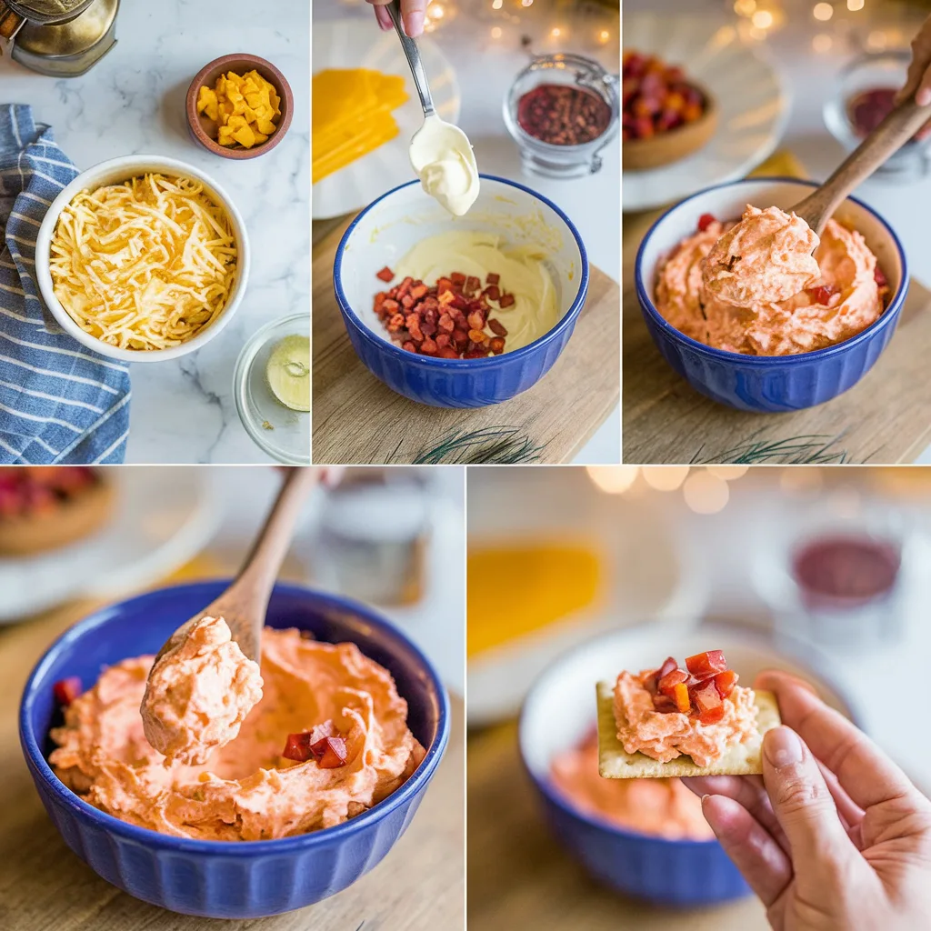 a-step-by-step-depiction-of-making-pimen_2NOucLGyTtmUp9welMCY3w_aqiV_681R-SUkFsSvaMQiw Close-ups of grated cheese, spices, and pimentos being mixed in a bowl, ending with a spoon scooping the creamy spread onto a cracker