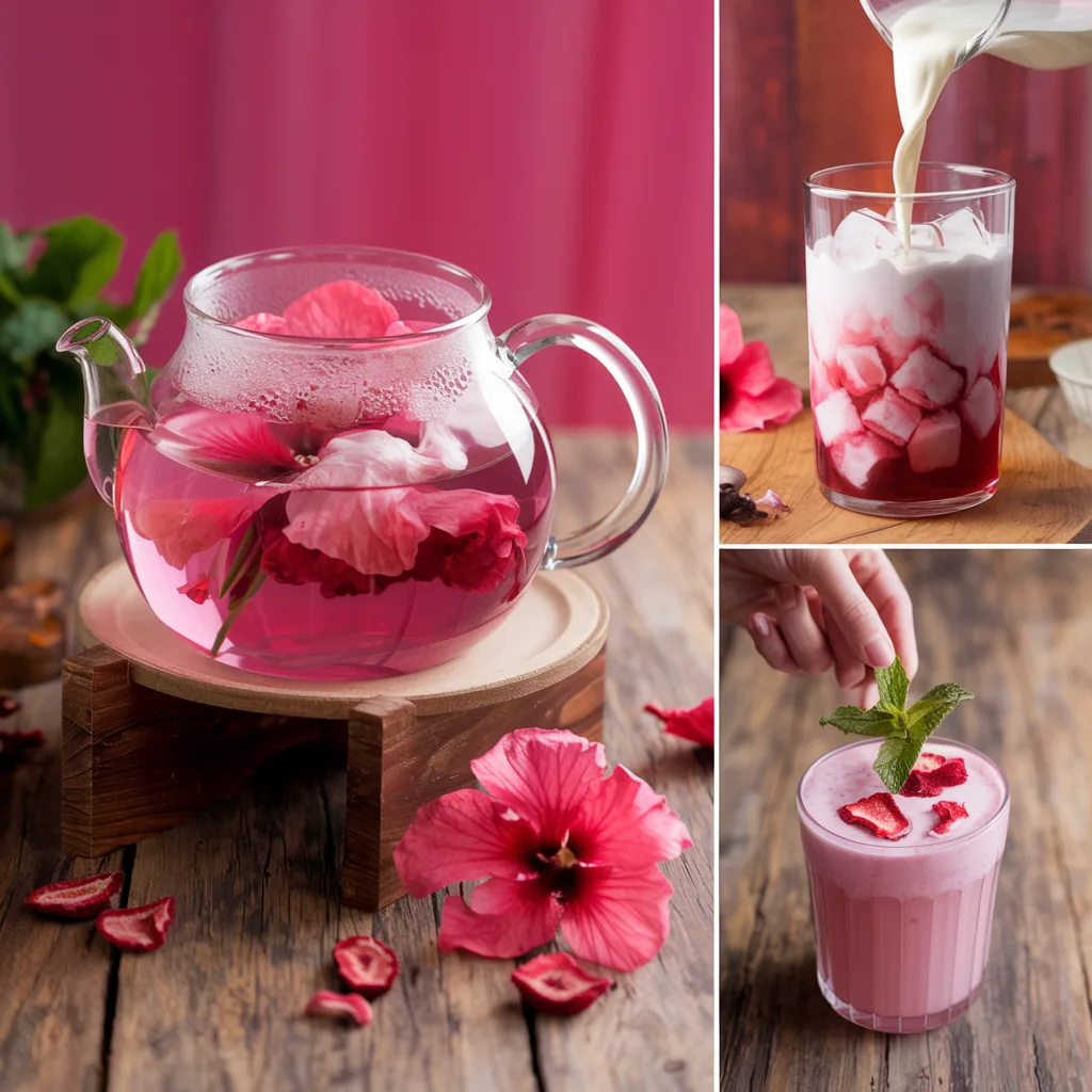 the-first-image-is-of-a-clear-glass-teap_lFp4AMQSTE2czZhAR-YyJA_LClmOUhcS1uwIhHYJu8wTg Brewing the Tea: "Glass teapot with steaming pink hibiscus tea."
Mixing the Drink: "Coconut milk swirling into pink tea with ice."
Adding Garnish: "Mint sprig and freeze-dried strawberries added to the drink."