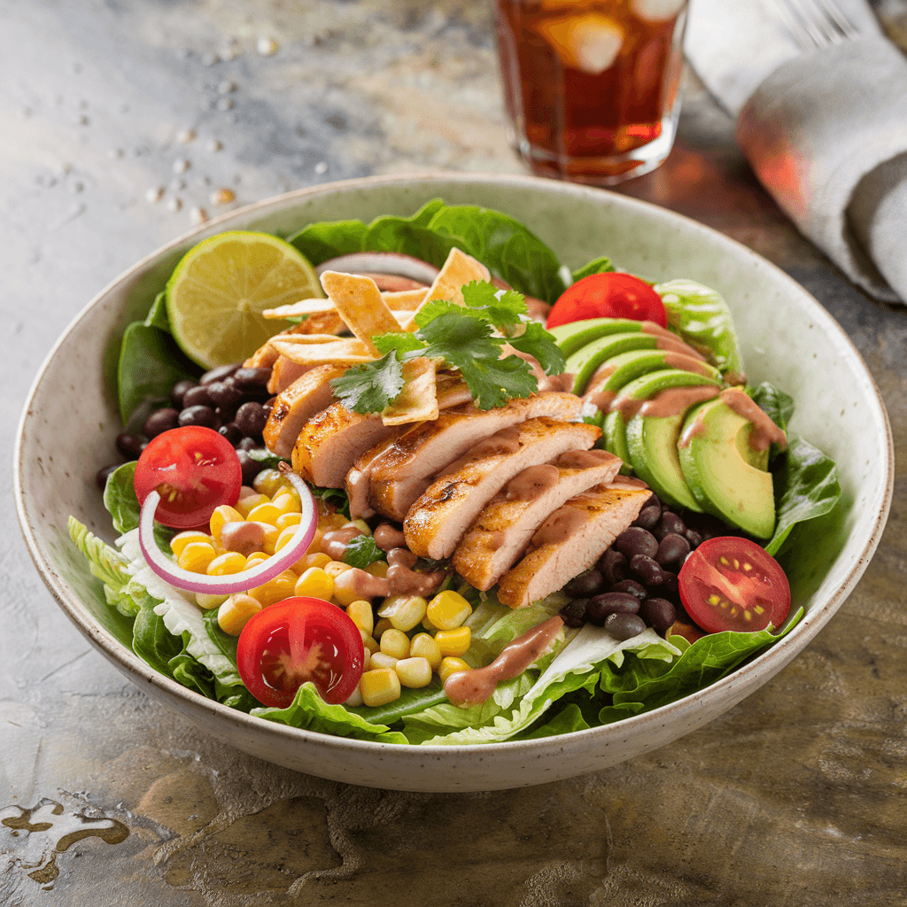 A beautifully plated Mexican Chicken Salad in a wide white bowl on a textured stone surface. The salad features layers of romaine lettuce, juicy grilled chicken slices, cherry tomatoes, avocado chunks, black beans, corn, red onion slices, and crispy tortilla strips, garnished with fresh cilantro. A lime wedge rests on the side, and the dish is lightly drizzled with chipotle dressing. The scene is complemented by a glass of iced tea and a folded linen napkin in the background