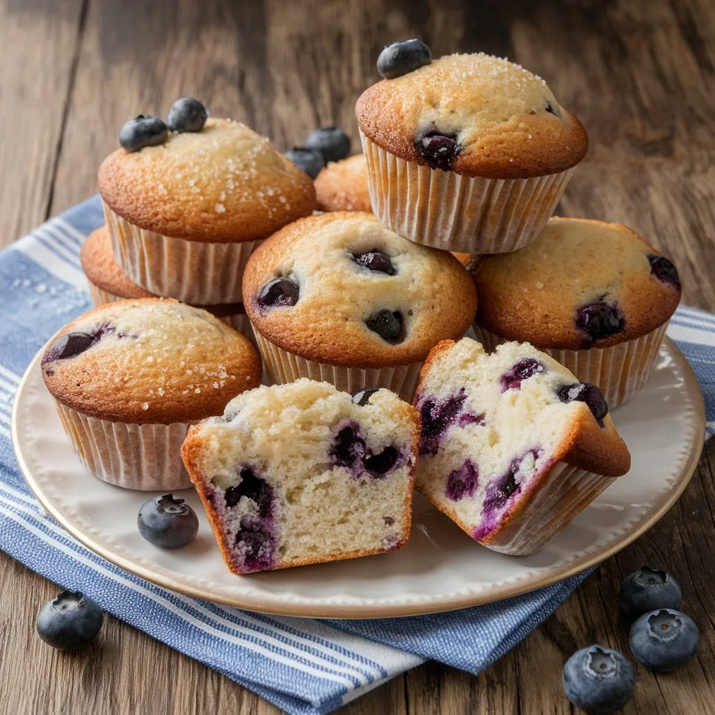 a-cozy-photorealistic-scene-featuring-a-_JEeLY29yQTeAszF5G6LQjw_-xMmdxsnRkORaoafsoRafA A plate of classic blueberry muffins on a rustic wooden table. The muffins are golden brown with domed tops, sprinkled lightly with sugar. Fresh blueberries are visible inside the muffins, with some spilling out onto the table.