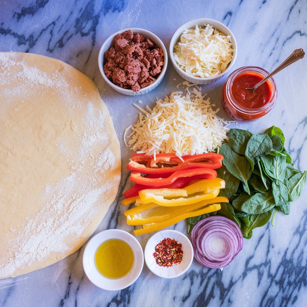 a-flat-lay-of-fresh-ingredients-for-a-sa_ErFRMBQxQfqVL7gagJZtnQ_yT4F_th3TSCFQnA9jZsETw Flat lay of ingredients for a sausage and veggie pizza on a marble countertop. Includes rolled-out pizza dough, crumbled Italian sausage, shredded cheeses, bell pepper slices, red onion, spinach, marinara sauce, olive oil, and seasonings, captured with sharp detail under natural lighting.