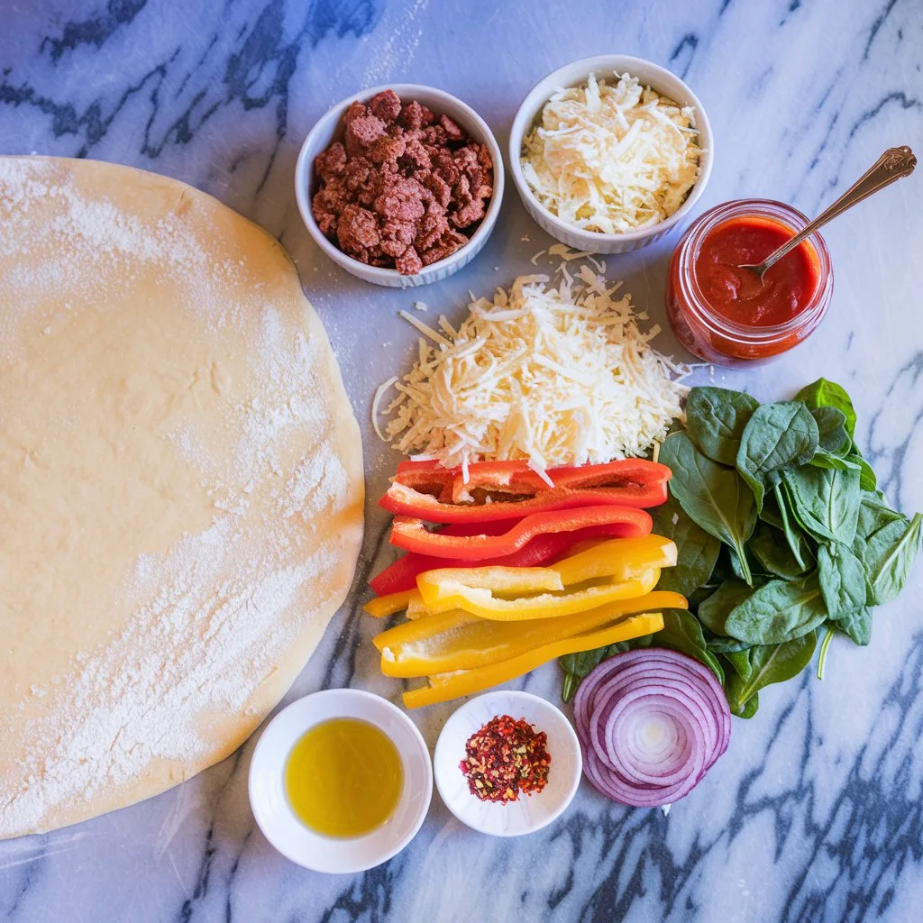 a-flat-lay-of-fresh-ingredients-for-a-sa_ErFRMBQxQfqVL7gagJZtnQ_yT4F_th3TSCFQnA9jZsETw Flat lay of ingredients for a sausage and veggie pizza on a marble countertop. Includes rolled-out pizza dough, crumbled Italian sausage, shredded cheeses, bell pepper slices, red onion, spinach, marinara sauce, olive oil, and seasonings, captured with sharp detail under natural lighting.