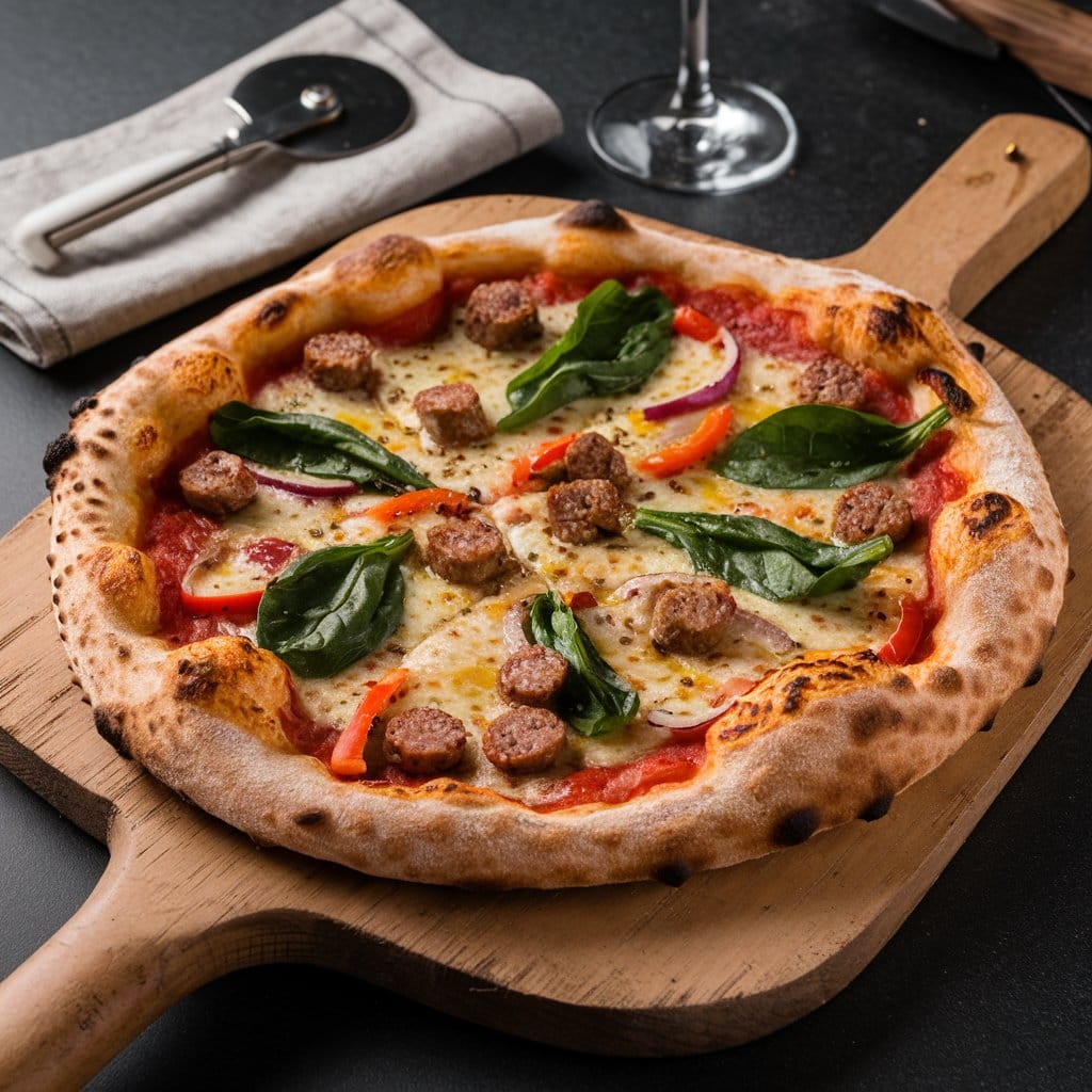 Freshly baked sausage and veggie pizza on a rustic wooden pizza peel. Features a golden crust, bubbly cheese, sausage, colorful vegetables, and a drizzle of olive oil, styled on a kitchen counter with a pizza cutter and red wine in the background.