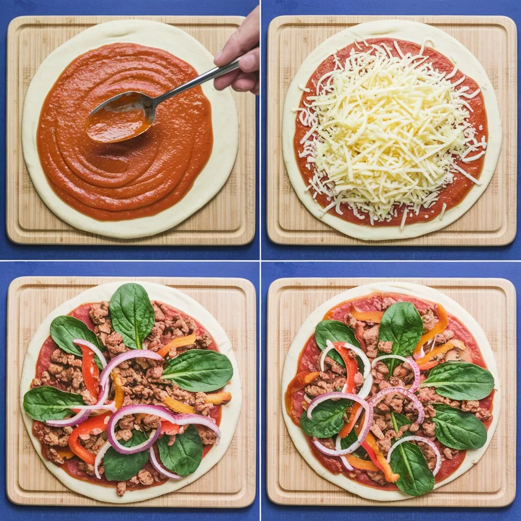 a-high-angle-view-of-the-step-by-step-pr_4wta_KUtT8Go5MmFwMnv7A_Rw5k5YqQSRiqiMagCgI4kw Step-by-step process of making a sausage and veggie pizza on a wooden cutting board. Includes spreading marinara, sprinkling cheese, arranging sausage and vegetables, and seasoning before baking, captured with vibrant colors and clear textures.