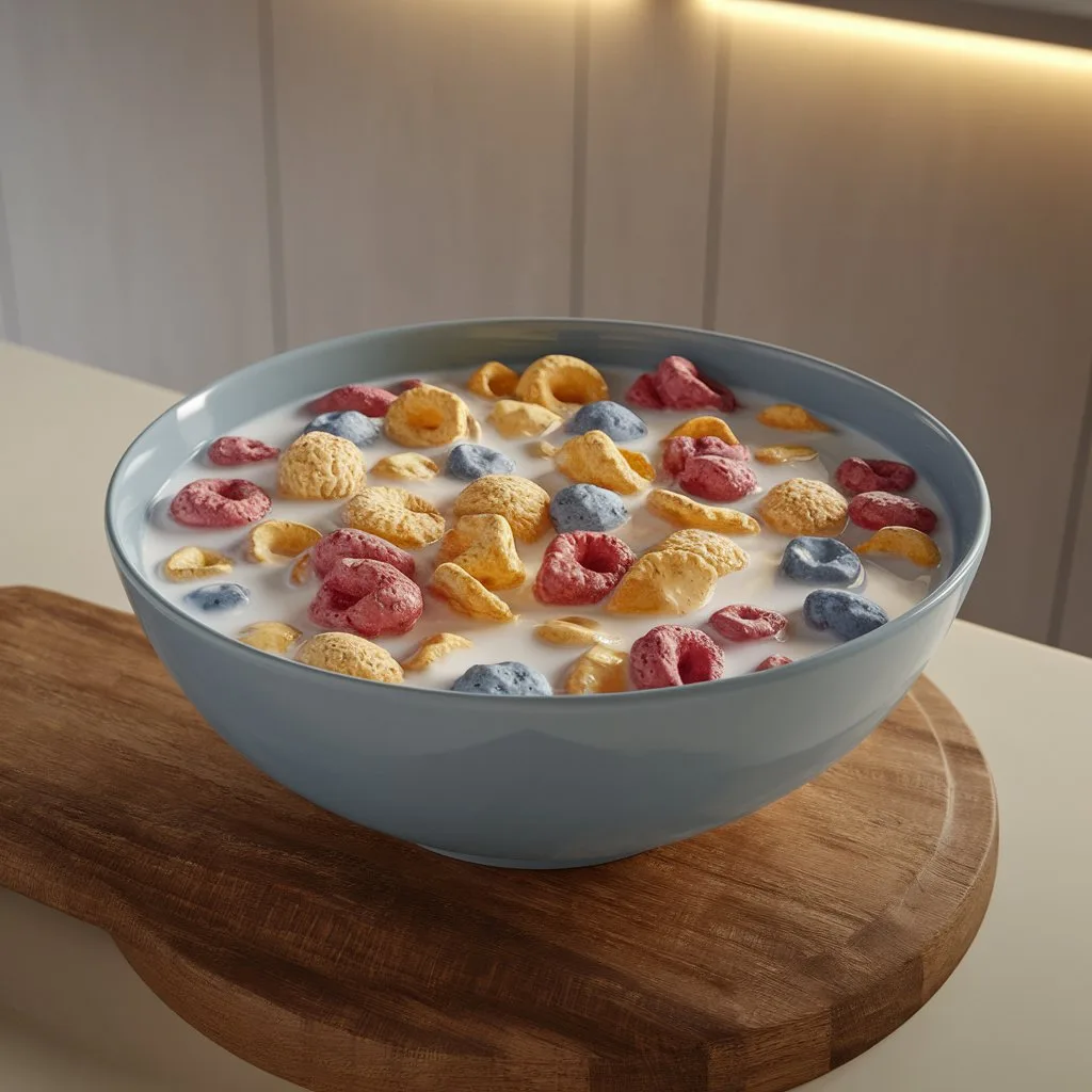 Close-up of a porcelain bowl filled with colorful cereal pieces floating in creamy milk, styled to resemble a gourmet soup with artistic cream swirls
