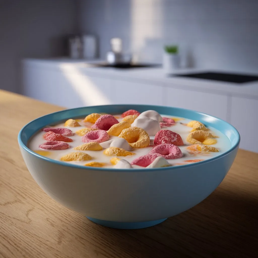 a-high-definition-photo-of-a-cereal-bowl_fCSahuohQwORNbSdbKCVVQ_YKgvoP9QT6297U-aORhG8Q Close-up of a porcelain bowl filled with colorful cereal pieces floating in creamy milk, styled to resemble a gourmet soup with artistic cream swirls