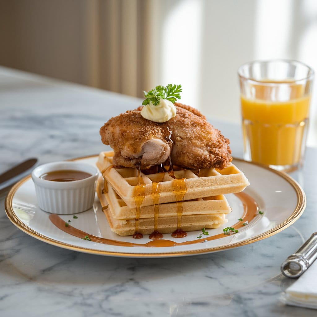 Plate of crispy fried chicken and golden waffles drizzled with maple syrup on a rustic wooden table.