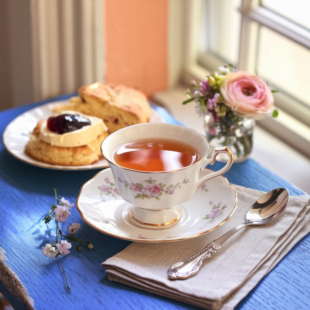 An elegant teacup and saucer filled with English Breakfast tea, swirled with milk, placed on a rustic wooden table. A buttery scone with clotted cream and jam sits nearby, along with a silver spoon and a linen napkin, illuminated by soft morning light