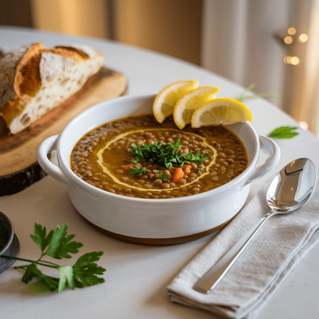 Close-up of a beautifully plated bowl of lentil soup served in a deep white ceramic dish. The rich golden-brown broth showcases lentils, carrots, and celery, topped with a swirl of olive oil and sprinkled with chopped parsley. Lemon slices garnish the side of the bowl, accompanied by a piece of crusty artisan bread on a wooden board. A silver spoon, linen napkin, and a softly lit, cozy background complete the inviting scene