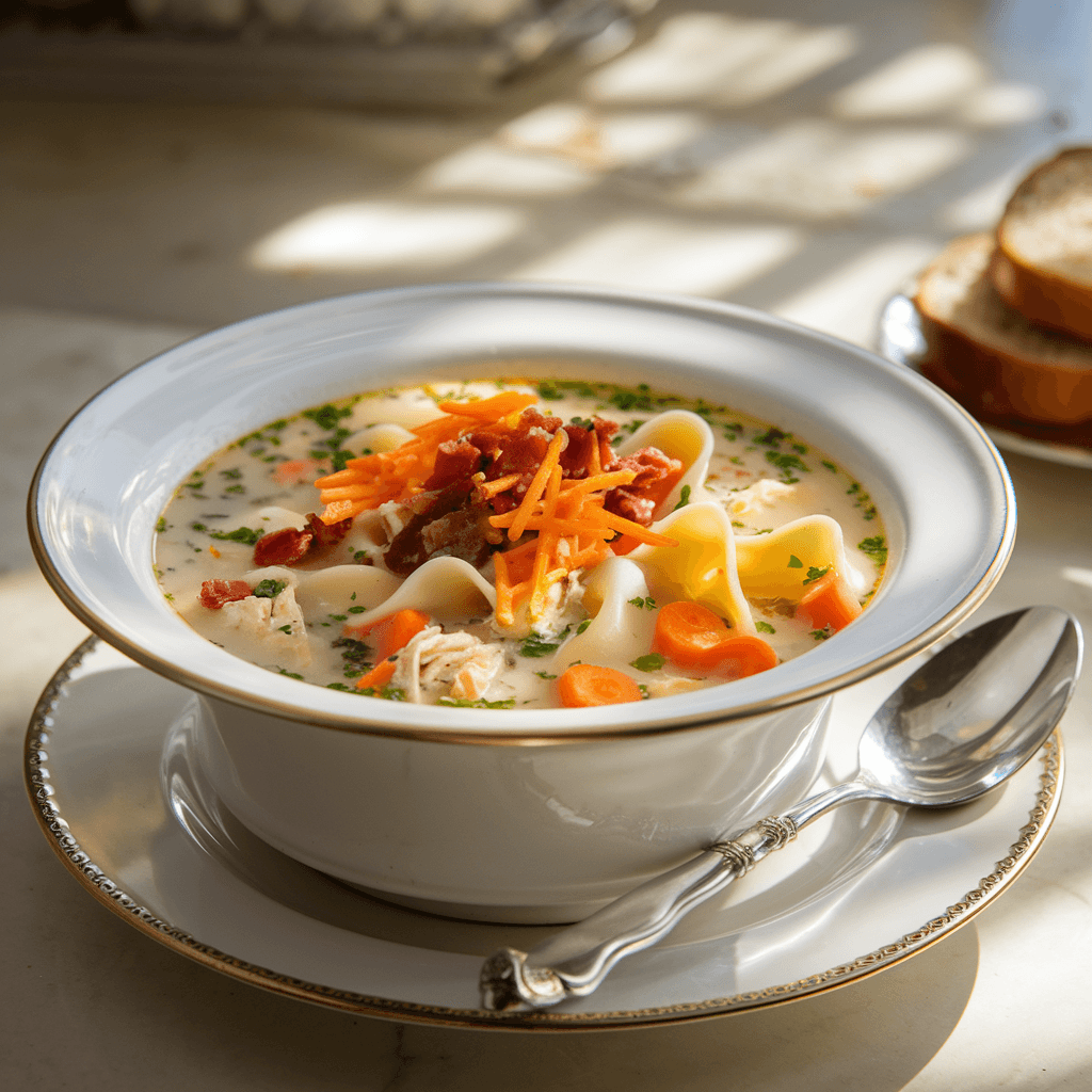 A bowl of creamy, golden soup with chicken, noodles, bacon, and herbs, topped with cheese, served with bread and a spoon in a cozy, sunlit kitchen.