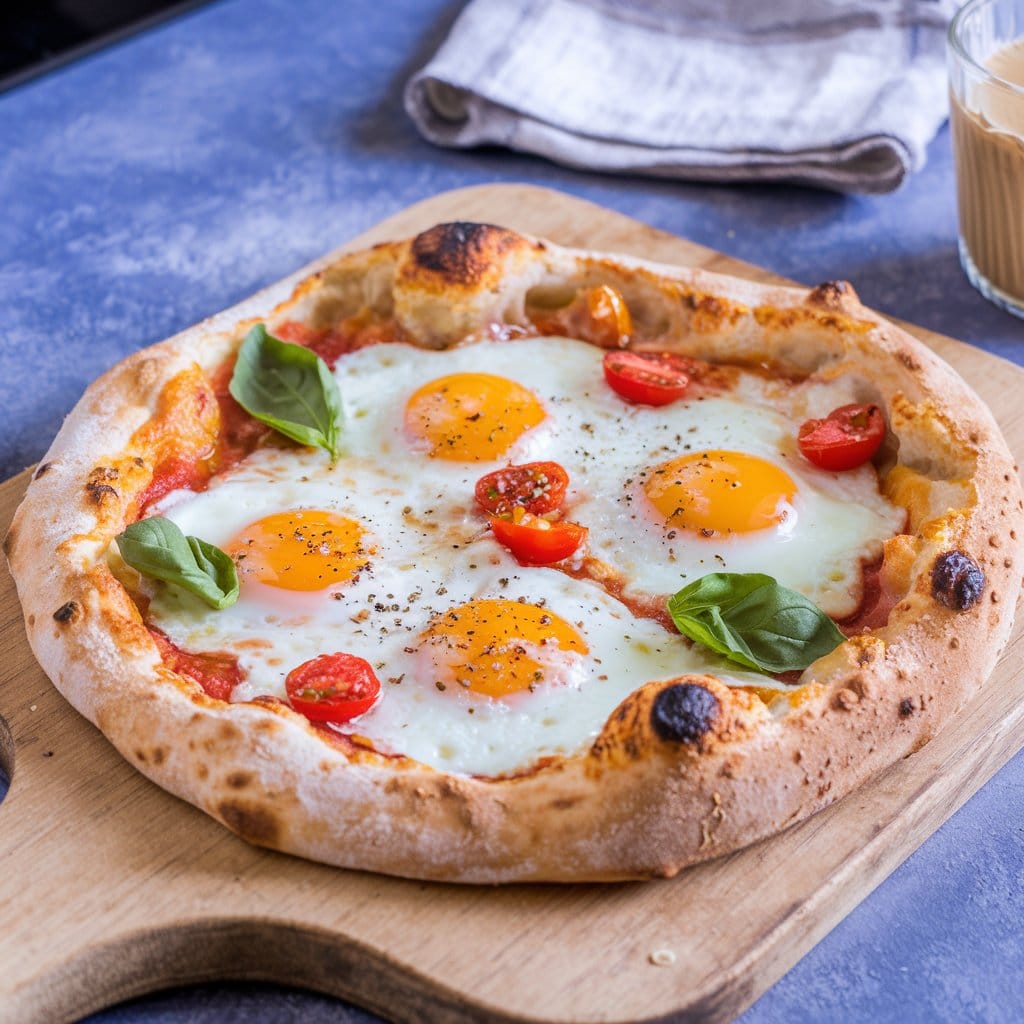 Classic Cheese and Egg Breakfast Pizza with melted cheese, runny egg yolks, and a golden crust, served on a wooden board