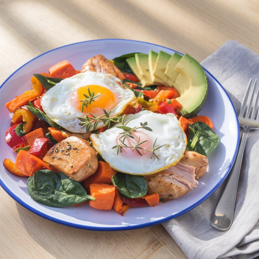 A skillet filled with colorful Chicken and Veggie Breakfast Hash, featuring crispy potatoes, vibrant bell peppers, and tender chicken pieces.