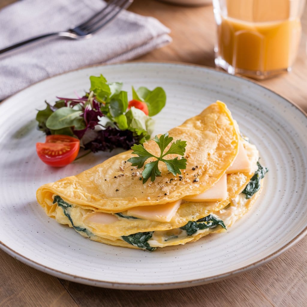 Chicken omelette with spinach and cheese on a white plate, garnished with parsley.