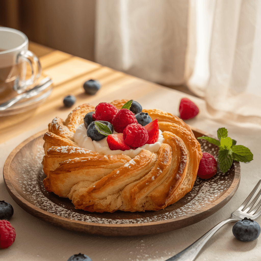 A single Danish pastry is plated on a rustic wooden plate. The pastry is perfectly golden with delicate, flaky layers. The center is filled with creamy cheese and topped with fresh raspberries, blueberries, and sliced strawberries.