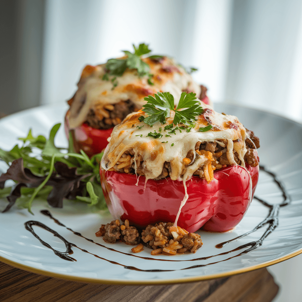 A stuffed bell pepper filled with rice, meat, and vegetables, topped with melted cheese and garnished with fresh parsley on a white plate