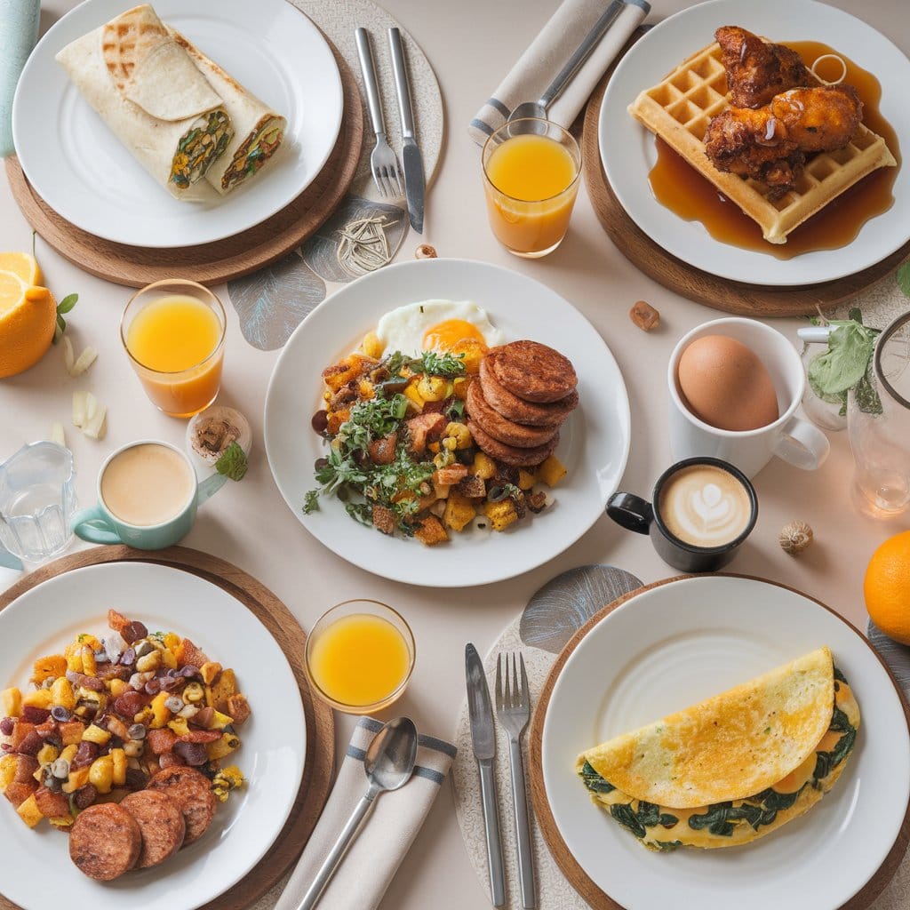 A fully set breakfast table featuring a burrito cut in half to reveal its filling, crispy chicken and waffles with syrup, chicken and veggie hash garnished with herbs, sausage patties with scrambled eggs, and a spinach and cheese omelette, styled with drinks and decor