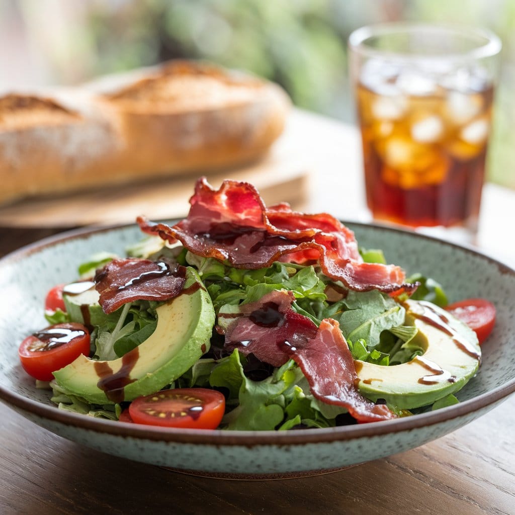 a-photo-of-a-beef-bacon-salad-in-a-wide-_OI0HhIJAT4-tJw0_47MVcA_EXwUxe2fR1WOlkzfFpJ7Kg A vibrant salad in a shallow bowl, featuring fresh arugula, romaine lettuce, cherry tomatoes, creamy avocado slices, and crispy beef bacon crumbles. The salad is drizzled with balsamic vinaigrette and served with a rustic baguette and a glass of iced tea on the side