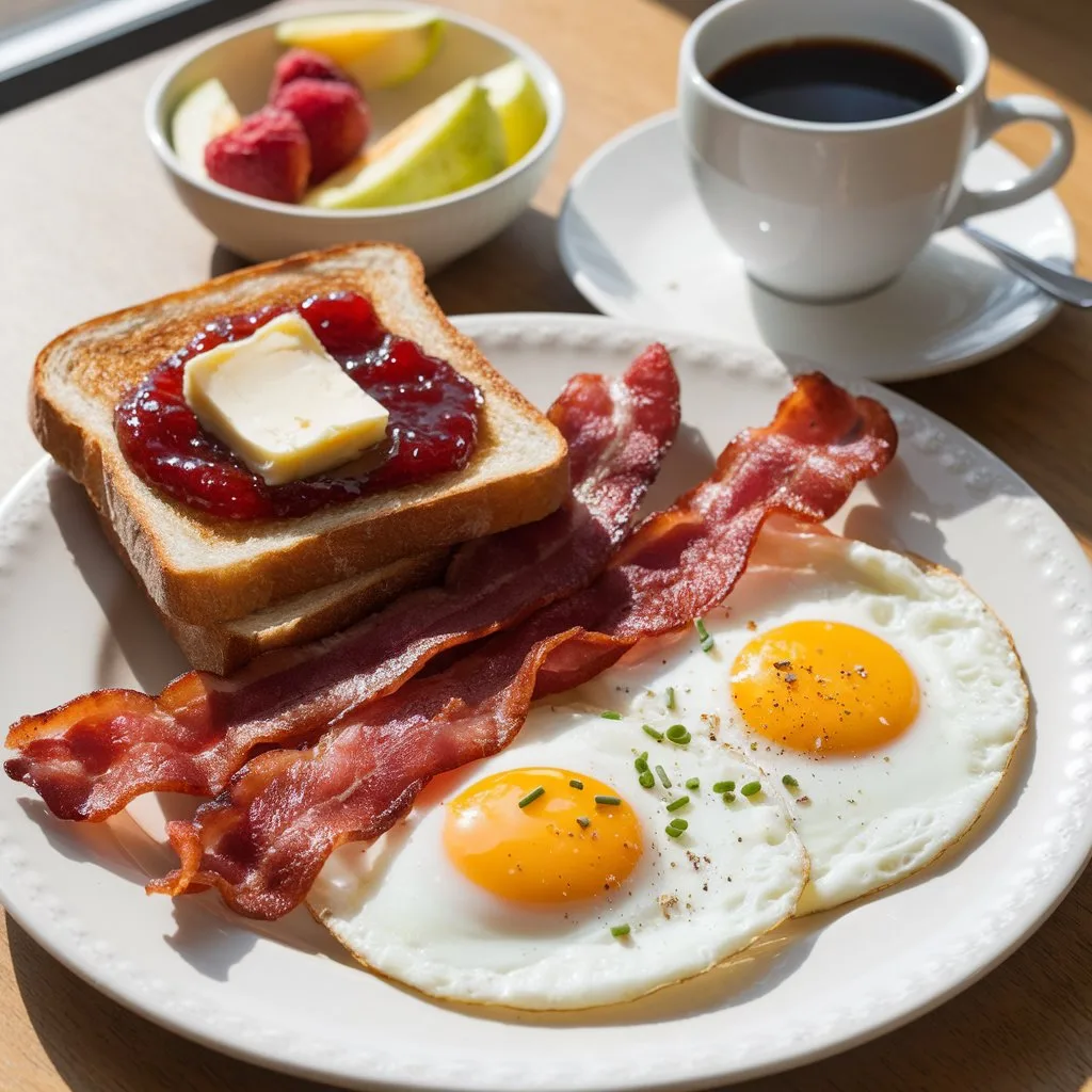 a-photo-of-a-classic-beef-bacon-and-eggs_s3PfkfJ1QPCeiaGjwkpKFw_riObpqnFQpGntUGYUoNRHA A hearty breakfast plate featuring three crispy strips of beef bacon, two sunny-side-up eggs with bright golden yolks, and two slices of toasted sourdough bread—one buttered and the other topped with strawberry jam. Garnished with fresh chives and cracked black pepper, the dish is served alongside a steaming cup of black coffee and a small bowl of fresh fruit