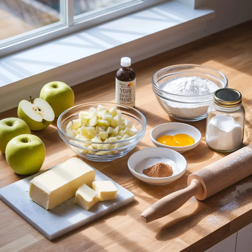 a-photo-of-a-clean-well-lit-wooden-kitch_b03uvAp0Q-iMqonnGW9IEw_UnAbC6WTSi63ZimEItR1NQ A neatly arranged assortment of ingredients for apple turnovers on a wooden kitchen countertop, including peeled and chopped Granny Smith apples, a block of chilled butter, a mound of flour, sugar, cinnamon, beaten egg yolks, and a bottle of vanilla extract. The scene is softly lit by natural sunlight coming through a nearby window, emphasizing the fresh, clean setup