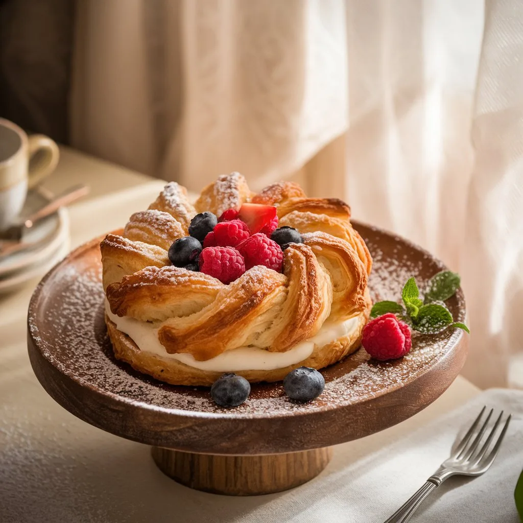 a-photo-of-a-danish-pastry-on-a-rustic-w_lOevcDrpRuelAUrYlVMQWw_IHOi_kg8R02T5l90ASqn0A A single Danish pastry is plated on a rustic wooden plate. The pastry is perfectly golden with delicate, flaky layers. The center is filled with creamy cheese and topped with fresh raspberries, blueberries, and sliced strawberries.
