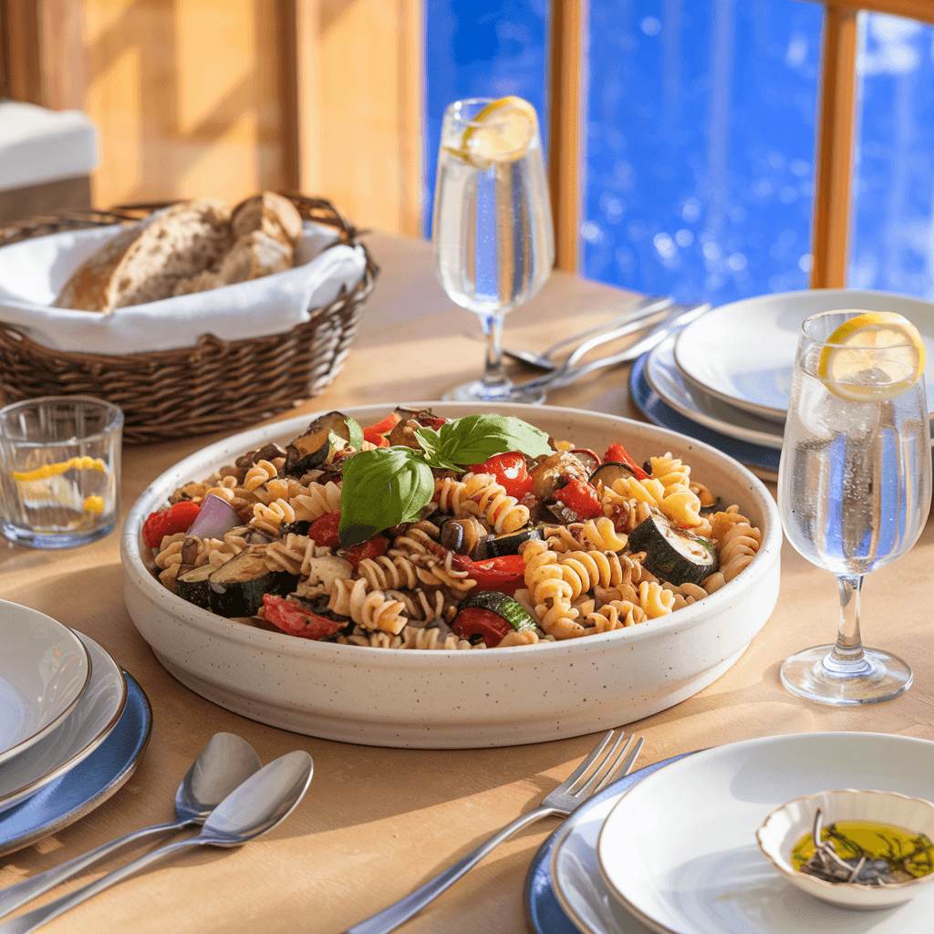 A beautifully set lunch table featuring roasted veggie pasta salad in a white serving bowl, surrounded by elegant plates, cutlery, sparkling water with lemon, and a bread basket with olive oil on a sunlit table