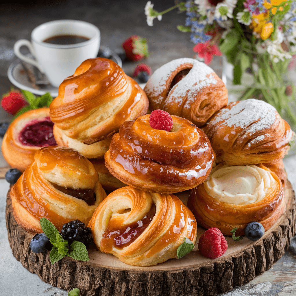 A photogenic arrangement of freshly baked breakfast pastries on a rustic wooden board. The pastries are golden brown, some topped with powdered sugar and others drizzled with shiny glaze. Fruit-filled pastries reveal colorful jams spilling out, while others show swirls of cinnamon or creamy fillings. Fresh berries and mint leaves surround the pastries, with a steaming coffee cup and a vase of wildflowers in the background, creating an elegant, appetizing breakfast setting.