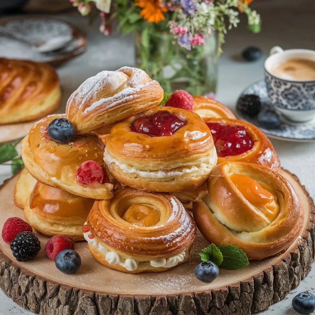 a-photo-of-a-luxurious-display-of-freshl_jI-wZ8uDTYqCjgkWgvsbrA_-9qWnAvVSDq9EioX8RioJA A photogenic arrangement of freshly baked breakfast pastries on a rustic wooden board. The pastries are golden brown, some topped with powdered sugar and others drizzled with shiny glaze. Fruit-filled pastries reveal colorful jams spilling out, while others show swirls of cinnamon or creamy fillings. Fresh berries and mint leaves surround the pastries, with a steaming coffee cup and a vase of wildflowers in the background, creating an elegant, appetizing breakfast setting.
