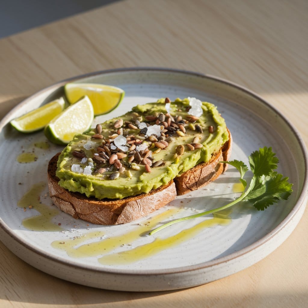 A plate of avocado toast on a minimalist ceramic plate, featuring two slices of whole-grain toast topped with creamy avocado, mixed seeds, a drizzle of olive oil, and flaky sea salt. Lime wedges and a sprig of cilantro sit beside the toast, with the wooden table and soft natural lighting adding to the modern brunch vibe