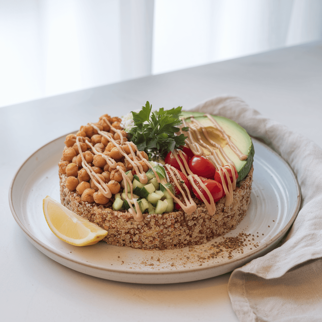 Quinoa and chickpea bowl with fresh vegetables, garnished with tahini dressing, served in a ceramic bowl on a wooden table.