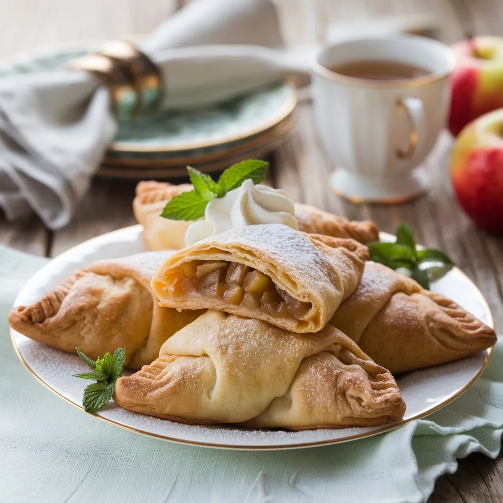 a-photo-of-a-plate-of-freshly-baked-appl_ImIJma1HRCq6JZXWL9bcFg_sgU7gze6Ql2C13PHFSNK5Q A plate of golden-brown apple turnovers with flaky, crisp layers, lightly dusted with powdered sugar.