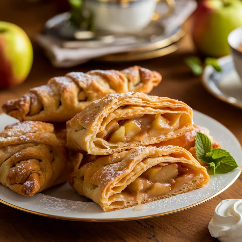 A plate of golden-brown apple turnovers with flaky, crisp layers, lightly dusted with powdered sugar.