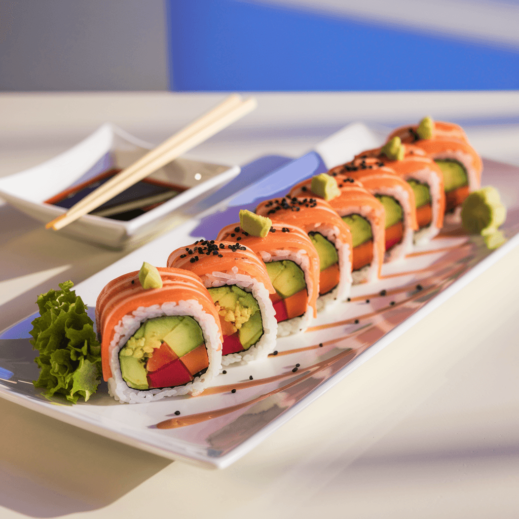 Vegan sushi rolls on a white plate, filled with colorful vegetables, garnished with sesame seeds, and served with soy sauce, pickled ginger, and wasabi.