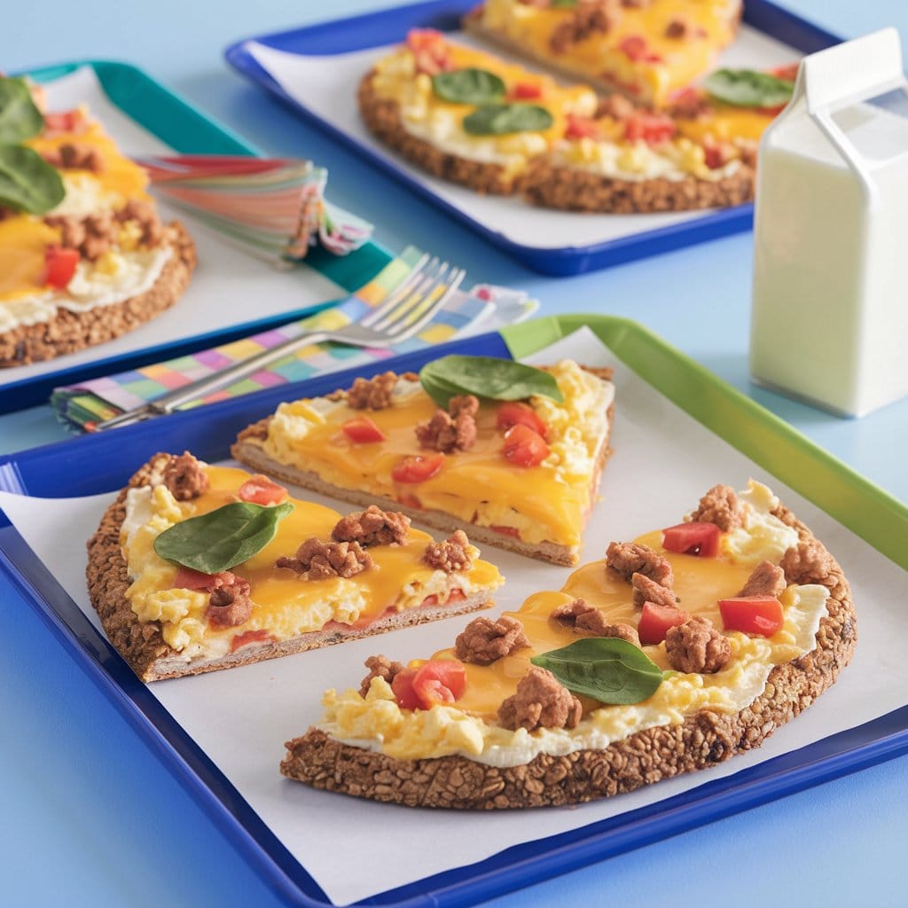 Breakfast pizzas served on colorful cafeteria trays, featuring whole-grain crusts topped with scrambled eggs, melted cheddar cheese, crumbled turkey sausage, and garnishes of spinach and diced tomatoes. A carton of milk sits beside each tray on a clean, bright tableto