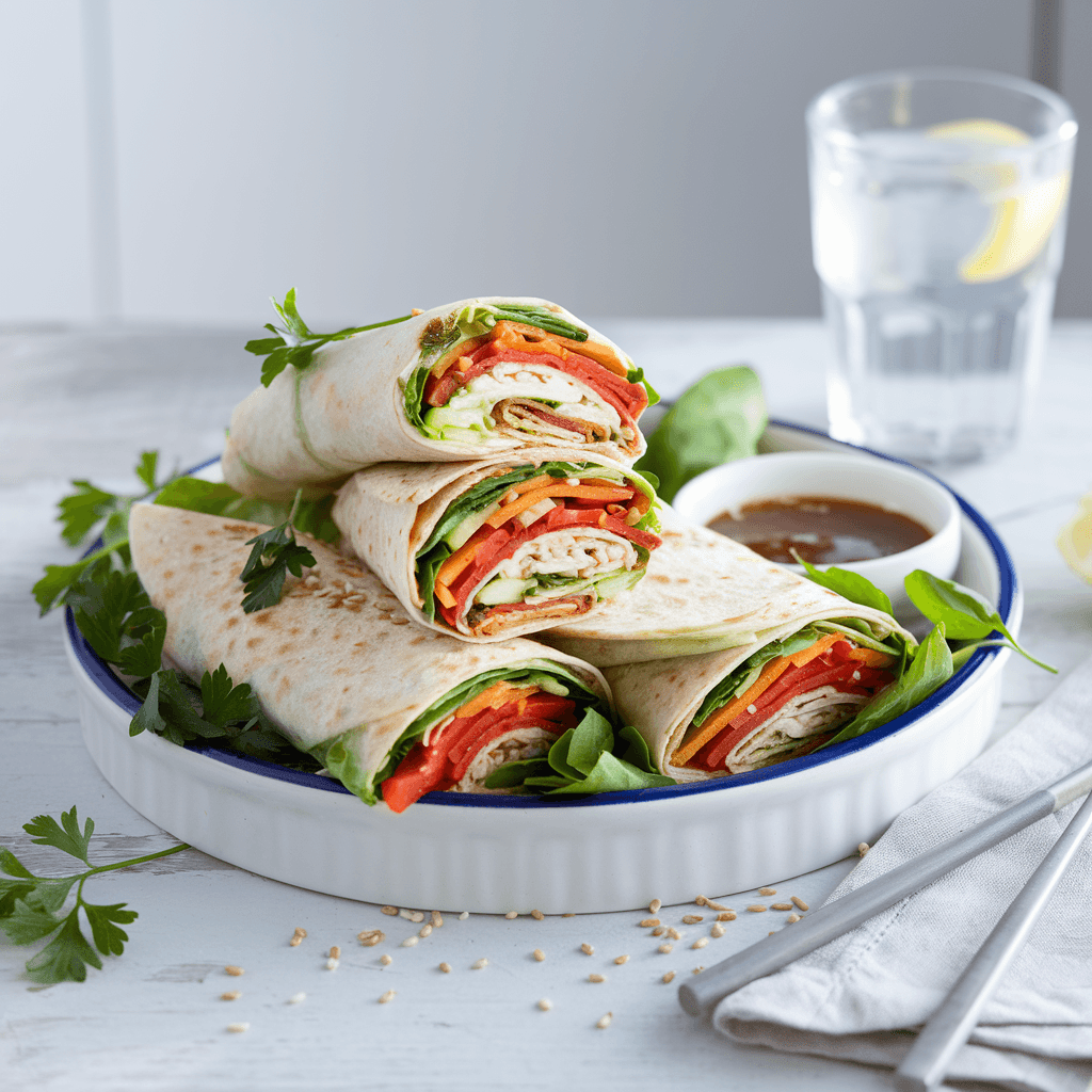 Finished Veggie Wraps arranged on a white ceramic platter, cut into halves to show vibrant vegetable layers, with a dipping sauce bowl, parsley garnish, and a light wooden table setting