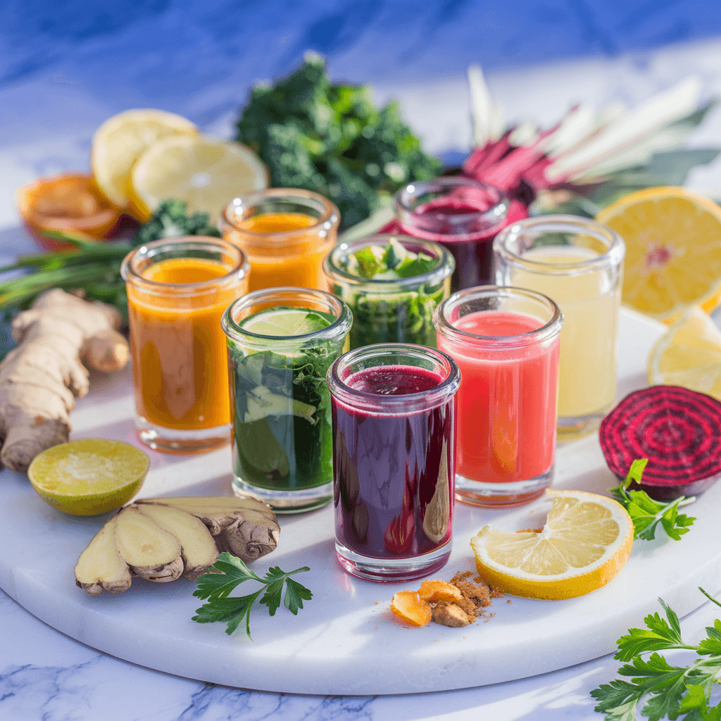 An array of small glass bottles with colorful immunity shots: golden-orange, green, red, and yellow, arranged on a marble surface with scattered fresh ingredients like ginger, citrus slices, and herbs.