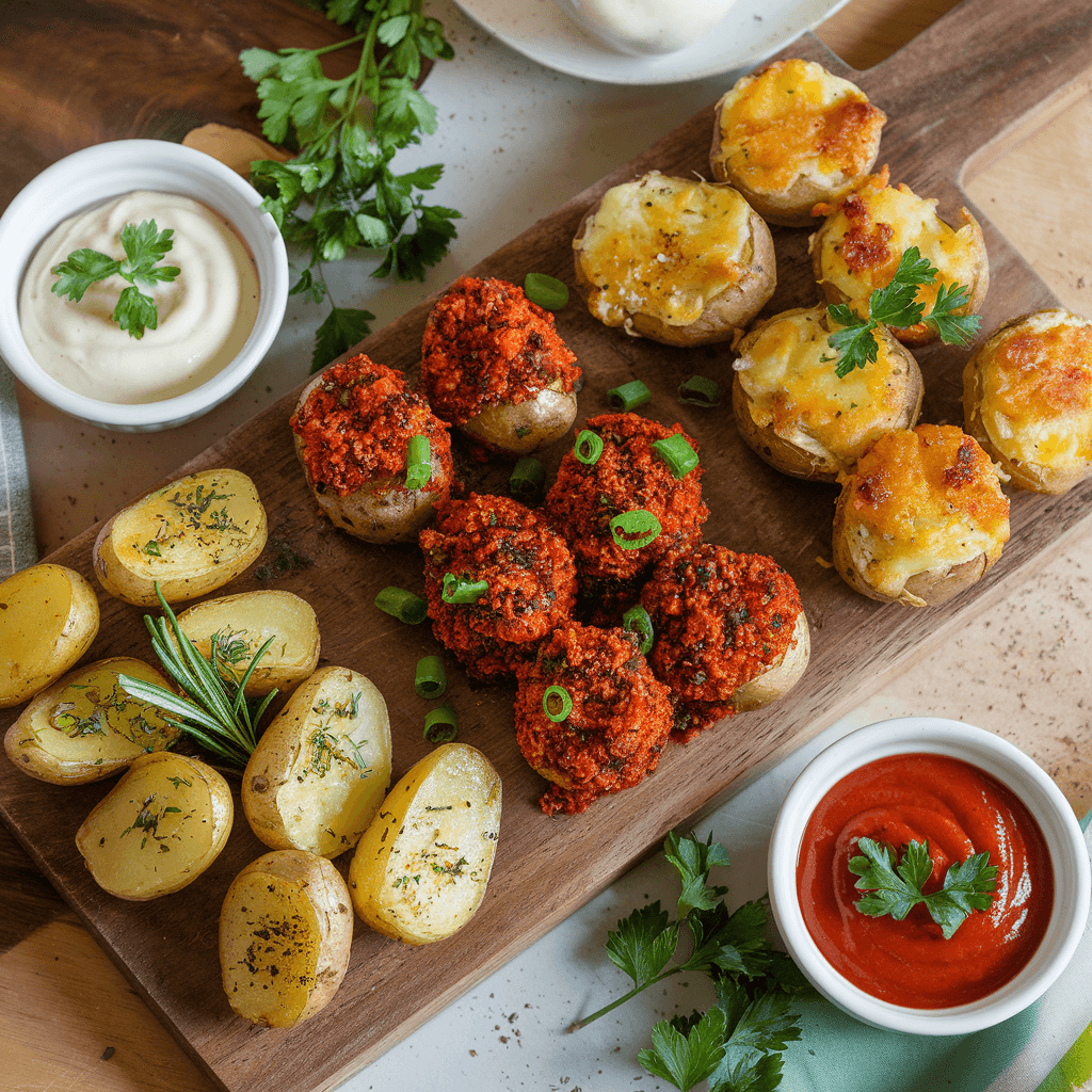 Three styles of fingerling potatoes on a wooden board: garlic and herb, Cajun-style, and Parmesan-crusted, with dipping sauces on the side.