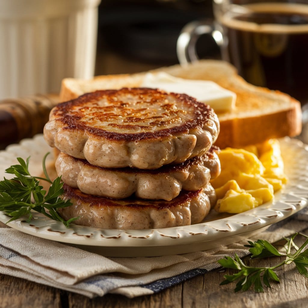 Golden-brown breakfast sausage patties stacked on a white ceramic plate, served with fluffy scrambled eggs, buttered toast, and a garnish of fresh parsley, on a rustic wooden table with a cup of coffee in the background