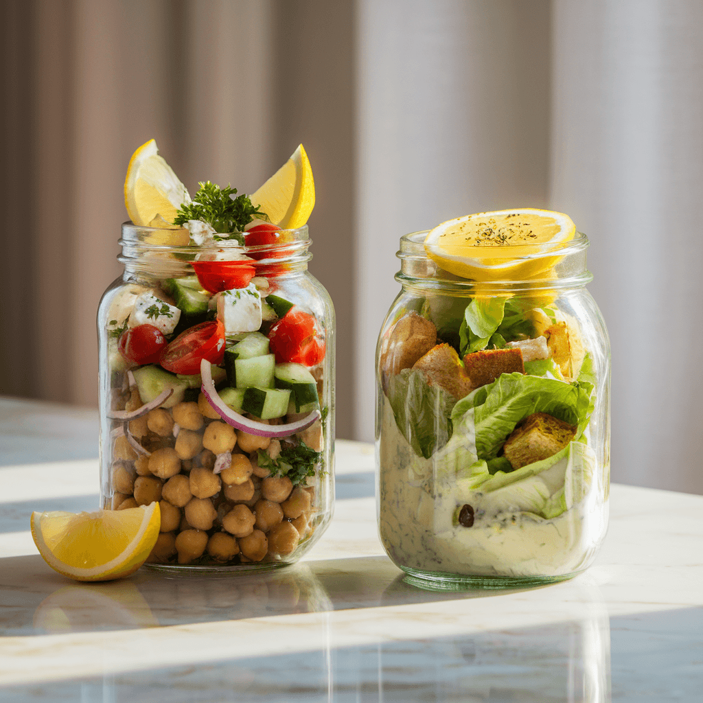 A split-frame image with Mediterranean Chickpea Salad in a wooden bowl on the left, featuring chickpeas, cucumbers, tomatoes, feta, and lemon wedges, and Classic Caesar Salad in a ceramic bowl on the right, with romaine lettuce, croutons, Parmesan, and Caesar dressing. Both are set on a marble table with small bowls of dressing and olive oil between them.