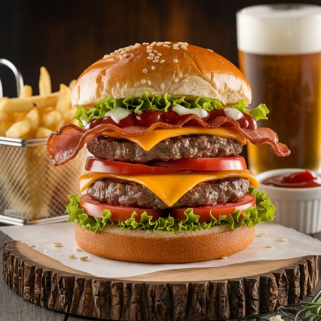 a-photorealistic-image-of-a-towering-bee_WhDH3PM9TWWVGOd4KPLvLQ_NM6_3U1YQkCAzmVcQSj4HQ A towering gourmet beef bacon burger with a golden brioche bun sprinkled with sesame seeds. Layers include crispy beef bacon, a juicy beef patty, melted cheddar cheese, fresh lettuce, tomato slices, and a drizzle of creamy sauces. Served with golden French fries in a metal basket and a frothy glass of beer in the background