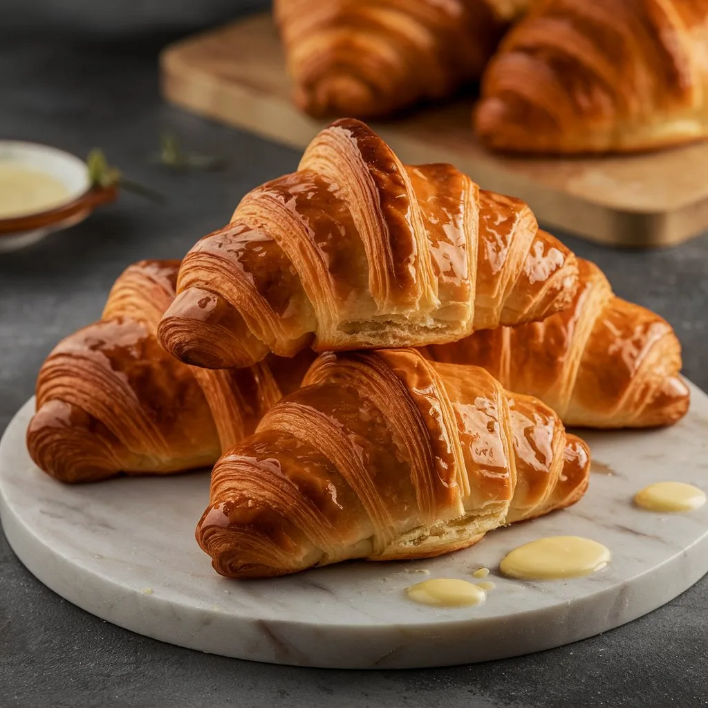 a-photorealistic-image-of-freshly-baked-__1mWDa0vQTul6wVRBBBEug_QC9LmyPrQ7Sr8wBXzT9mMg A platter of classic croissants on a marble serving plate, each croissant golden brown with crisp, flaky layers and a buttery sheen