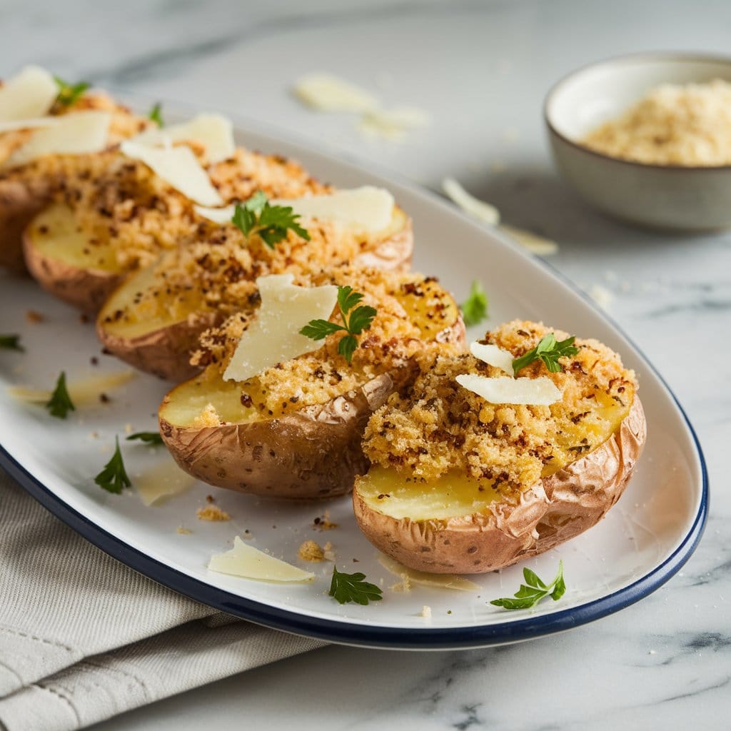 a-photorealistic-image-of-parmesan-crust_CLiWldAWSImuTSBZZsOiPg_G08DAH1zSJGuYewKl_39Ow Parmesan-Crusted Fingerling Potatoes: Crispy fingerling potatoes topped with a golden Parmesan and herb crust, garnished with parsley and extra Parmesan shavings.