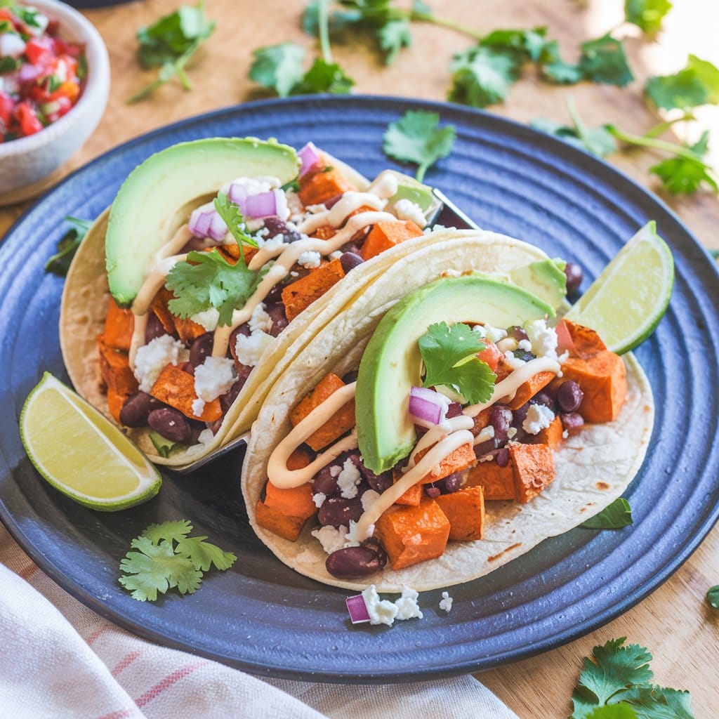 a-photorealistic-image-of-sweet-potato-b_tis0s8b-SXe532XMzEqFcw_YmrkmNHsRUWpk7yDixFnQQ Photorealistic image of Sweet Potato & Black Bean Tacos plated on a matte black ceramic plate. The tacos are filled with roasted sweet potato cubes, spiced black beans, and garnished with diced red onion, crumbled feta cheese, cilantro leaves, and thin avocado slices, drizzled with creamy lime sour cream. A lime wedge accompanies each taco, with additional garnishes and a small bowl of salsa nearby, illuminated by natural lighting.