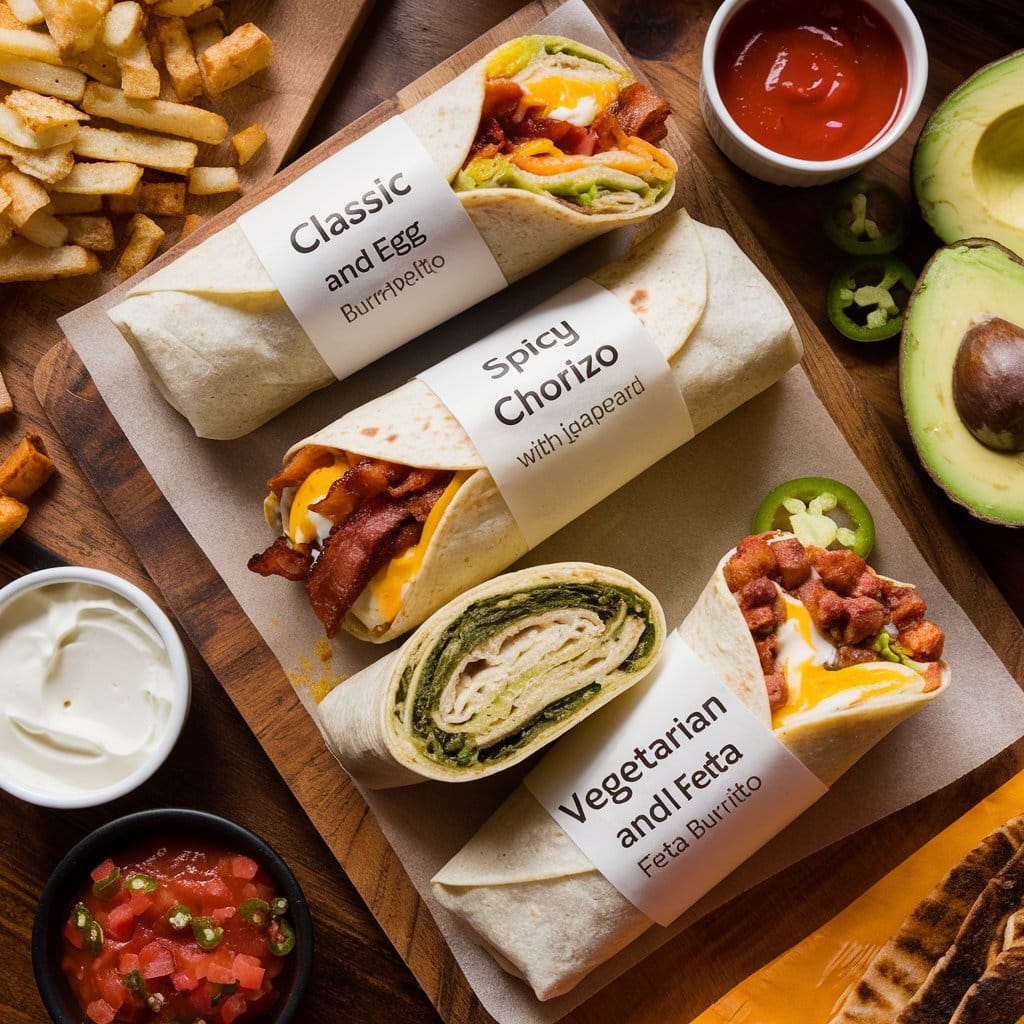 Three breakfast burritos showcasing classic bacon and egg, spicy chorizo with jalapeños, and vegetarian spinach and feta, surrounded by hash browns, avocado slices, salsa, and sour cream on a rustic wooden table.