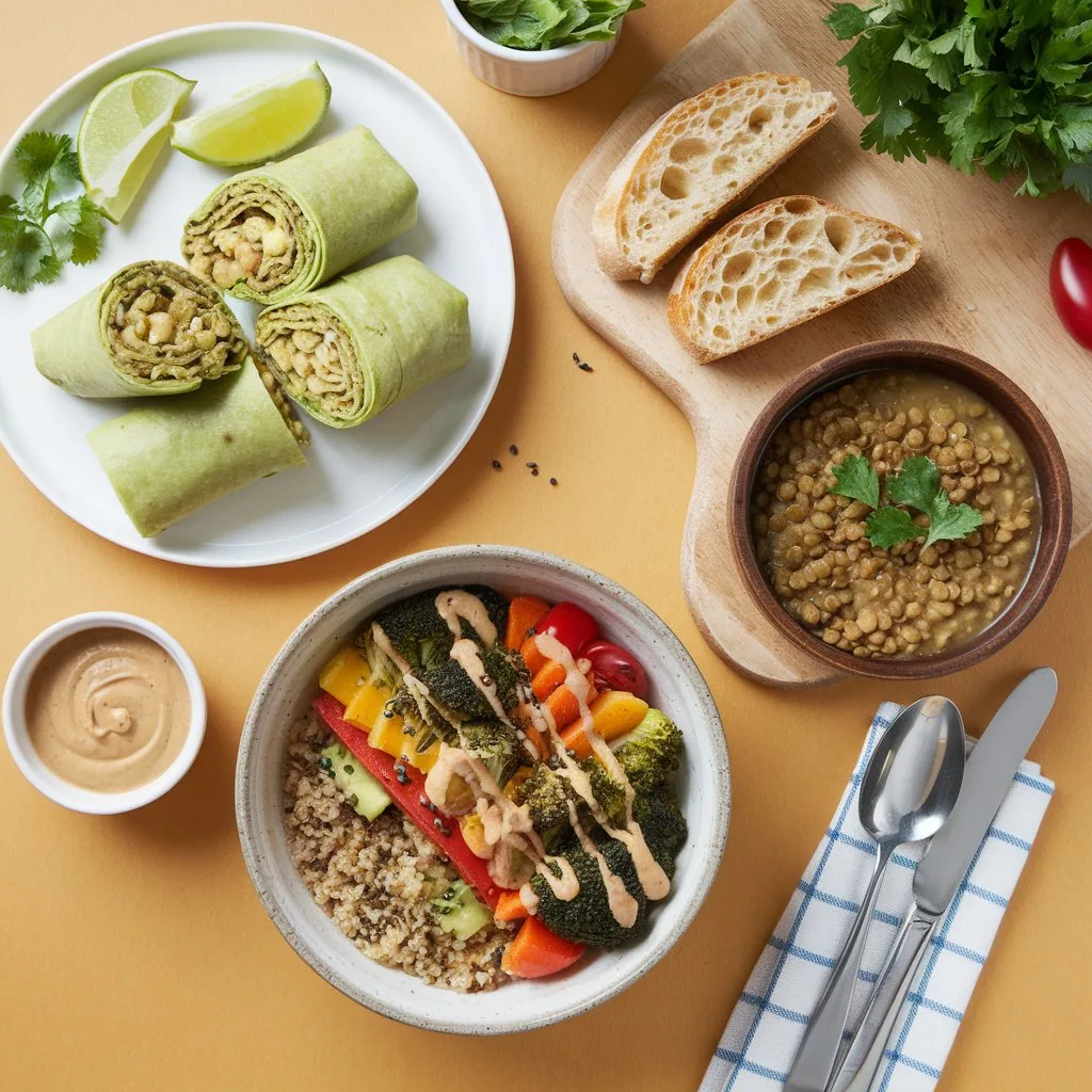 Three vegan lunch dishes: chickpea avocado wraps with lime and sriracha mayo, a colorful Buddha bowl with roasted veggies and tahini drizzle, and a bowl of lentil soup with crusty sourdough bread, set on a sunlit kitchen counter