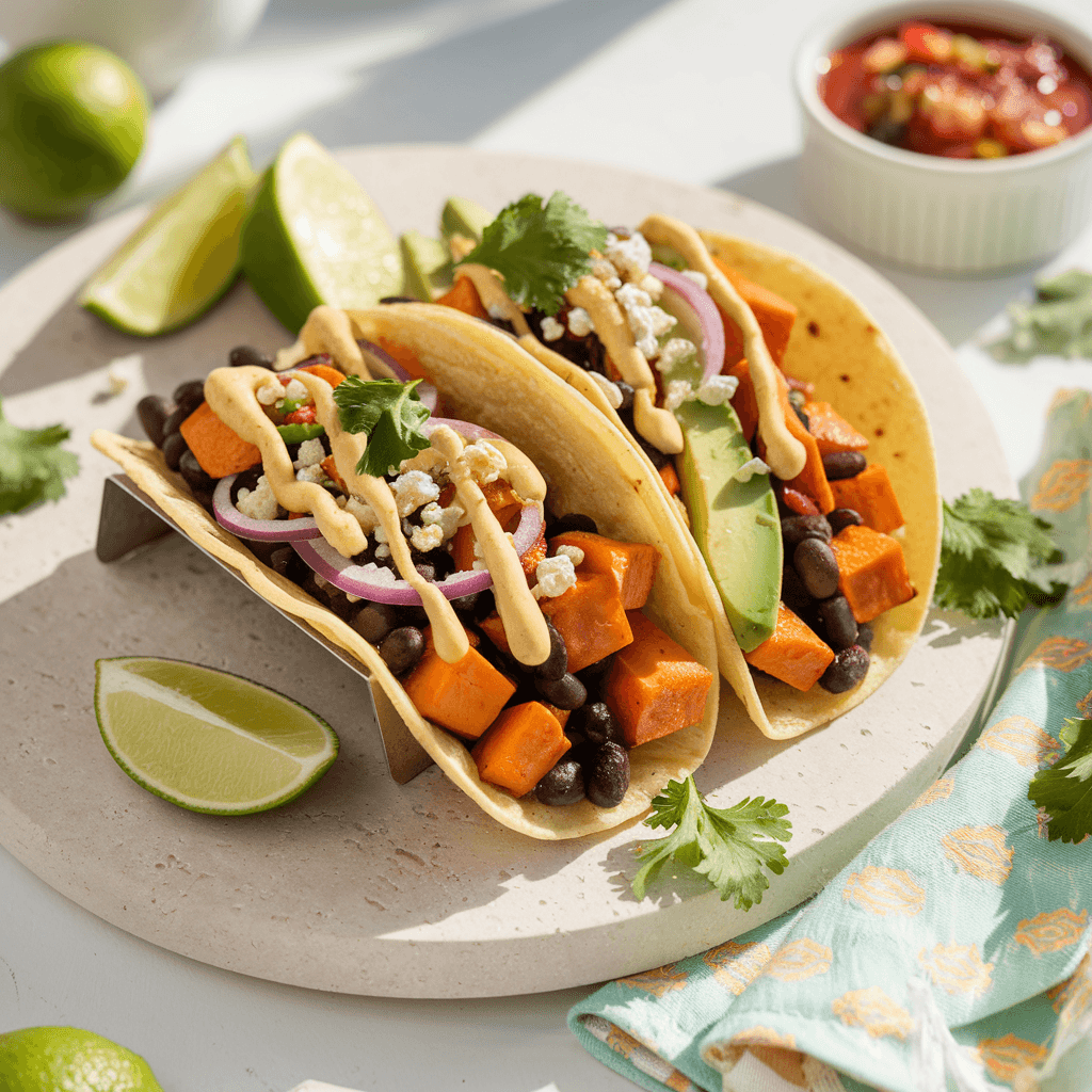 Photorealistic image of Sweet Potato & Black Bean Tacos plated on a matte black ceramic plate. The tacos are filled with roasted sweet potato cubes, spiced black beans, and garnished with diced red onion, crumbled feta cheese, cilantro leaves, and thin avocado slices, drizzled with creamy lime sour cream. A lime wedge accompanies each taco, with additional garnishes and a small bowl of salsa nearby, illuminated by natural lighting.